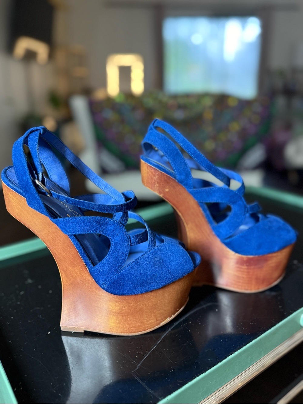 Privilege Blue Suede Platform Wedge Sandals - Women's Strappy Heels- Size 7